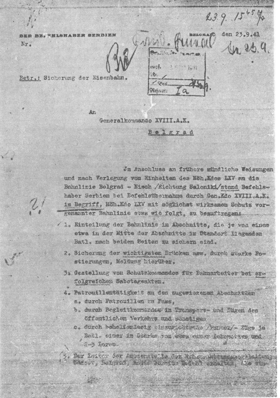 Prva strana pisma njemačkog opunomoćenog komandanta u Srbiji od 23. septembra 1941.
