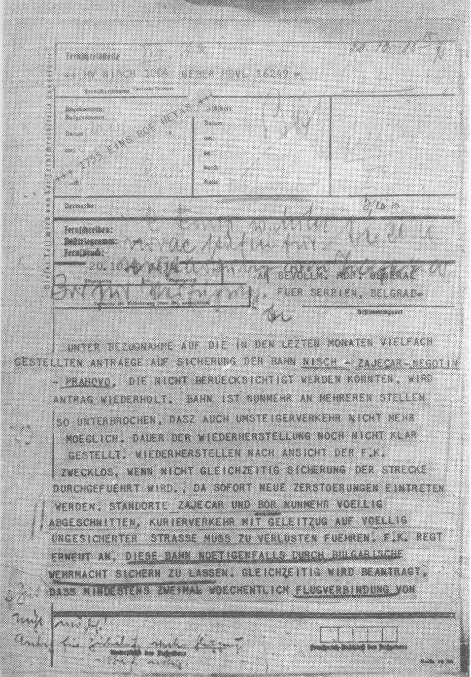 Prva strana telegrama Feldkomandanture Niš od 20. oktobra 1941.