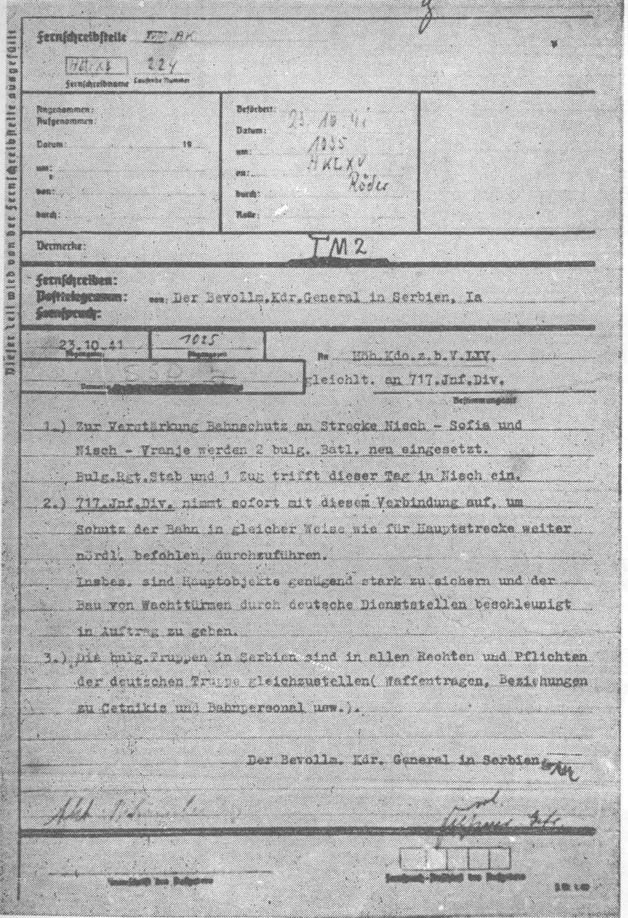 Telegram njemačkog opunomoćenog komandanta u Srbiji od 23. oktobra 1941. Komandi njemačkog 65.
