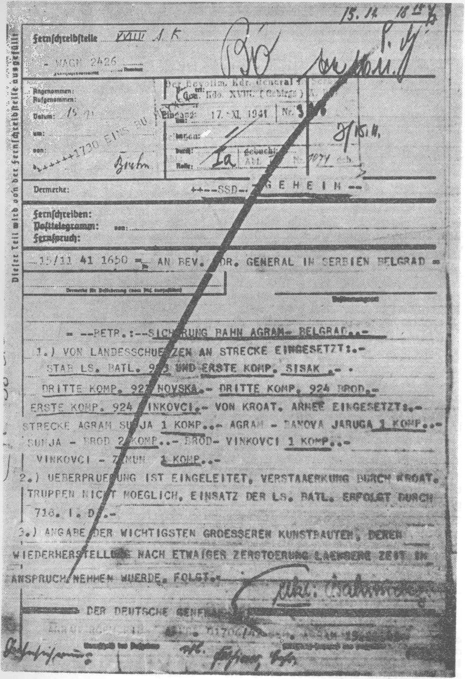 Telegram njemačkog generala u Zagrebu od 15. novembra 1941.