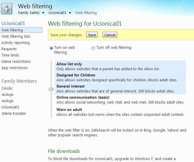 WEB FILTERING Čekirajte web filterisanje i čemu od sadržaja učenik može pristupati. Nivoi su: 1. Samo dozvoljeni sajtovi koje ćete ukucati u Web filtering lists; 2.