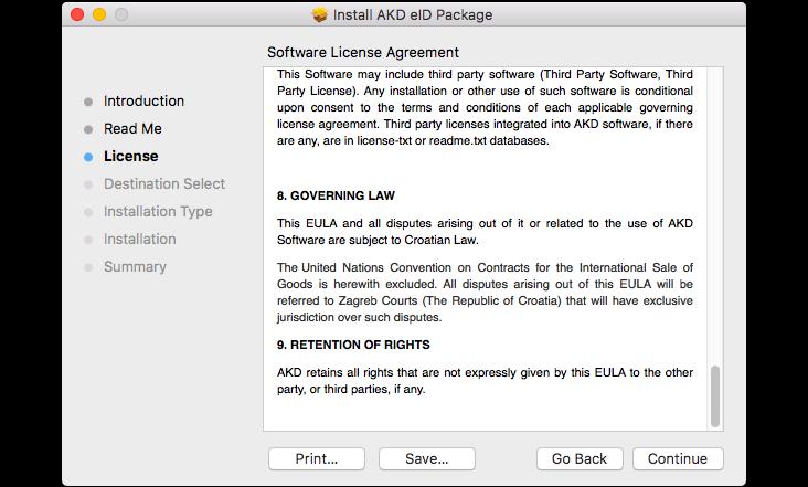 1.4 Prikazuje se ekran sa sadržajem licence KID Middleware paketa (slika 1.3). Ako se slažete sa uvjetima licence kliknite na gumb Continue i potom Agree za nastavak instalacije. Slika 1.