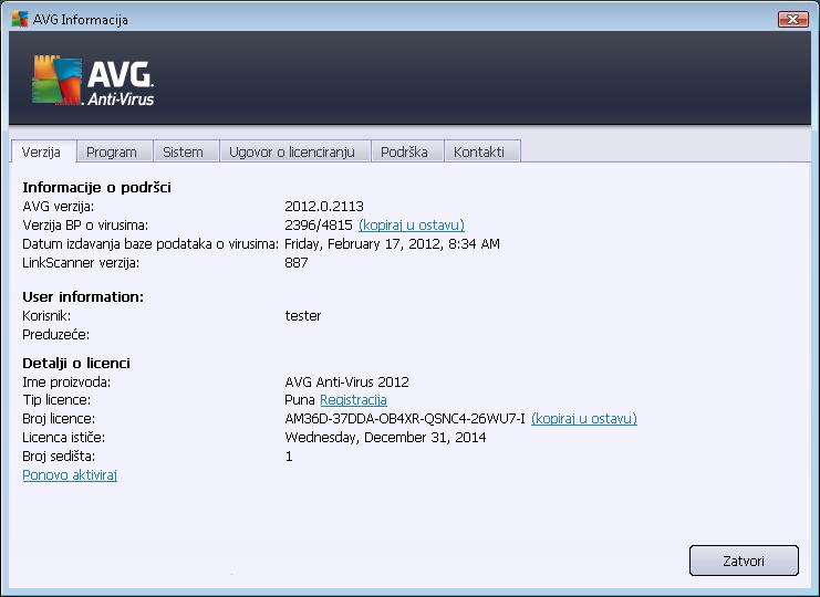 Kartica Verzij a je podeljena u tri odeljka: Informacij e o podršci - obezbeđuje informacije o AVG Antivirus 2012 verziji, verziji baze podataka o virusima, verziji baze podataka odbrane od bezvredne