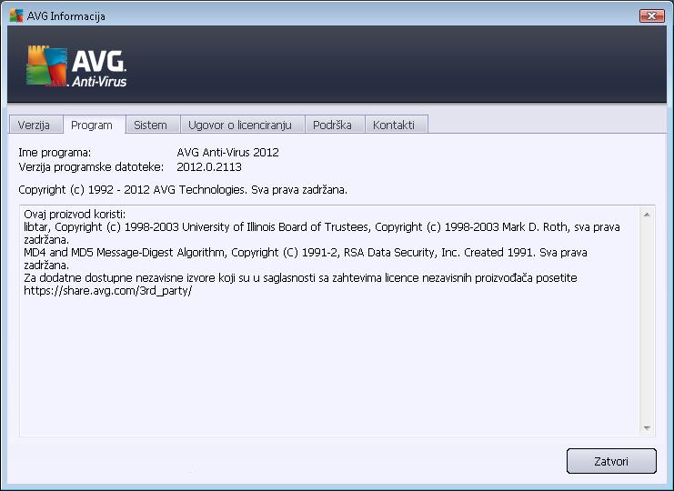 Na kartici Program možete pronaći informacije o AVG Antivirus 2012