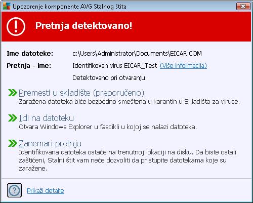 sačuvana nijedna izmena. Vratićete se u glavni korisnički interfejs programa AVG Antivirus 2012 (pregled komponenti). 6.1.5. Detekcije stalnog štita Detektovana je pretnja!