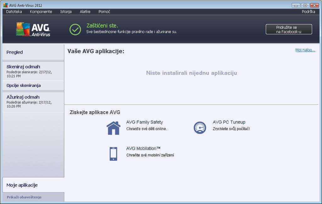 7. Moje aplikacije Dijalog Moj e aplikacij e (koj i j e pristupačan putem dugmeta Moj e aplikacij e direktno iz AVG glavnog dij aloga) obezbeđuje pregled AVG samostalnih aplikacija, onih koje su već