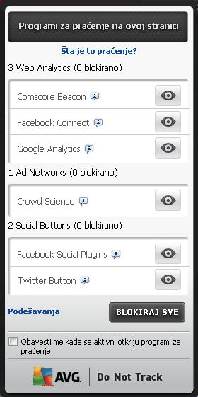 9.1. AVG Do Not Track interfejs Dok ste na mreži, AVG Do Not Track vas upozorava čim otkrije bilo koju vrstu prikupljanja podataka.