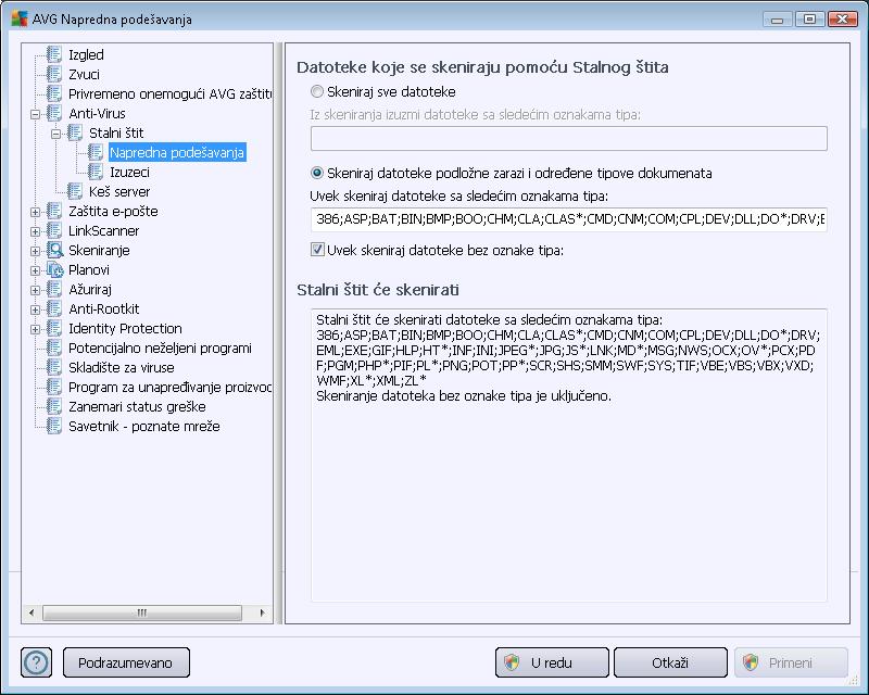 U dijalogu Datoteke koj e se skeniraj u pomoću Stalnog štita možete konfigurisati koje će se datoteke skenirati (na osnovu nj ihove oznake tipa): Označite izbor u odgovarajućem polju za potvrdu da