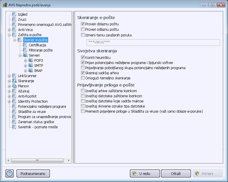 10.5. Zaštita e-pošte U odeljku Zaštita e-pošte možete urediti detaljnu konfiguraciju Skenera e-pošte i Odbrane od bezvredne pošte: 10.5.1. Skener e-pošte Dijalog Skener e-pošte podeljen je na tri