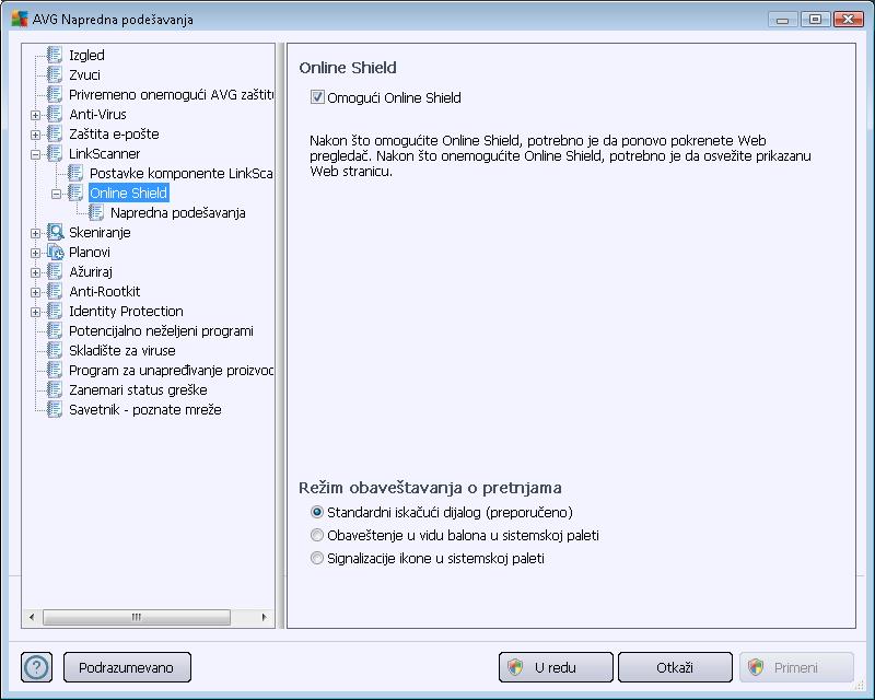 Omogući Štit za pregledanj e Interneta - (podrazumevano uklj učeno): aktivna zaštita (u realnom vremenu) od zlonamernih Web lokacija u trenutku kada im se pristupa.