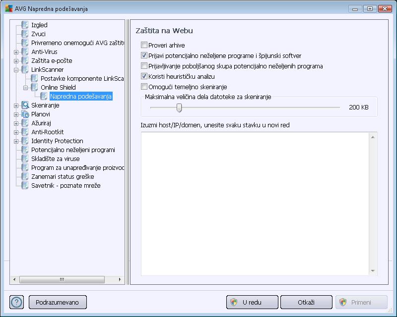 U dijalogu Zaštita na Webu možete urediti konfiguraciju komponente u vezi sa skeniranjem sadržaja Web lokacija.