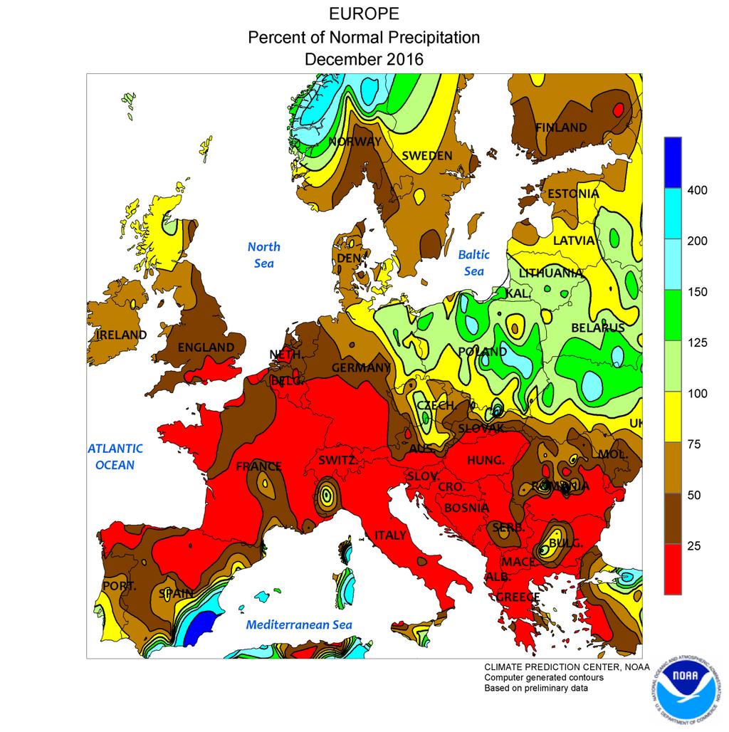 Колико је била јака суша може се видети и на слици одступања количине падавина од просека за целу Европу.