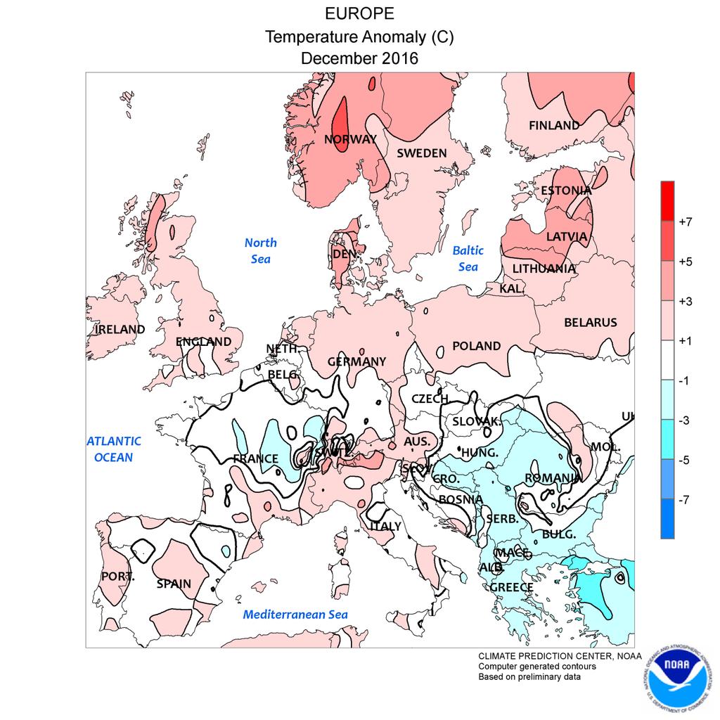 Са слике одступања средње месечне температуре од просека за Европу види се да је на Балкану било претежно хладније од просека, поготово у нижим равничарским пределима где је била честа појава магле,