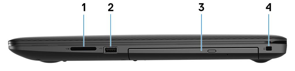 Prikazi računara Inspiron 3781 3 Desno 1 Slot za SD karticu Čita za i upisuje na SD karticu. 2 USB 2.0 port Povežite periferne uređaje kao što su eksterni uređaji za skladištenje i štampači.