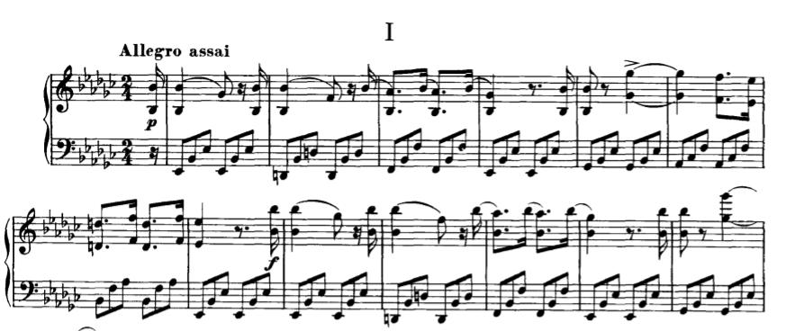 1.1. I. Allegro assai u es-molu Prvi klavirski komad označen je tempom allegro assai, a pisan je u tonalitetu es-mola. Forma ovog oblika je A-B-A.