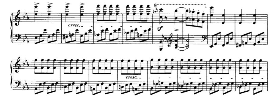 ruci su i dalje triole koji imaju funkciju nosioca harmonije, dok u desnoj ruci imamo melodiju kombiniranu u ritmu četvrtinki i osminki. Obzirom da se od 82. do 90.