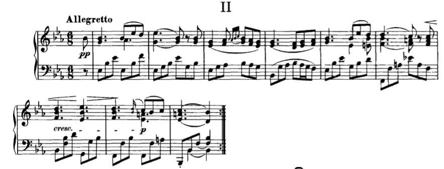 1.2. Allegretto u Es-duru Drugi klavirski komad pisan je u rondo formi, A-B-A-C-A.