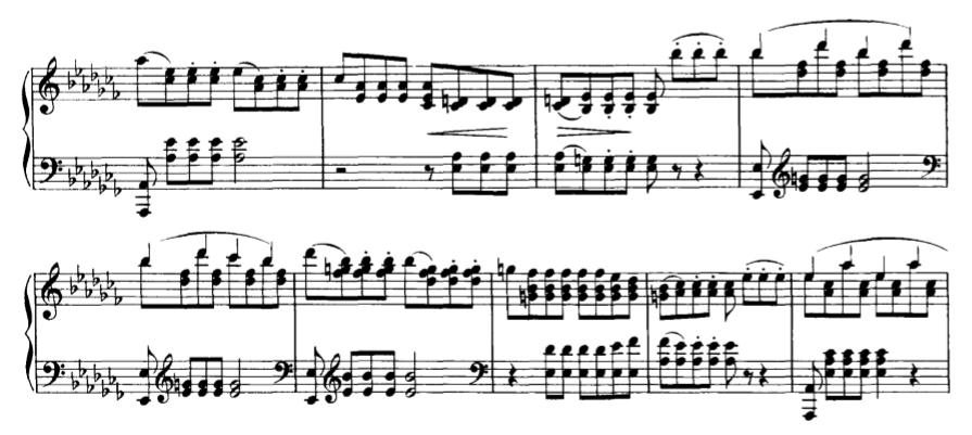 fraza, a svaka od njih nastupa kao zasebna harmonijska cijelina. U 139. taktu kreće modulacija prema h-molu koji nastupa u 141. taktu. Slika 3.2.e, taktovi 115-123 Od 141.