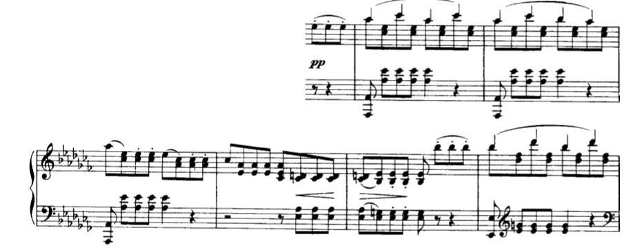 Od 162. do 194. takta cijelo vrijeme je prisutan as-mol materijal, a što se tiče forme tu su dvije peterotaktne rečenice, zatim četiri dvotaktne fraze i četiri male glazbene rečenice. Od 189. do 194. takta nastupa modulacija koja nas iz as-mola uvodi u Es-dur, nakon čega će nastupiti A dio kao doslovno ponovljen, što će biti ujedno i završetak drugog klavirskog komada.