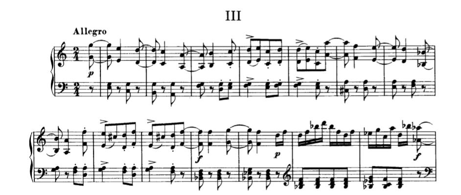 3.3. Allegro u C-duru Treći klavirski komad, u tempu Allegro, ponovo je jednostavnog A-B-A oblika, a kao takav sadrži dva velika kontrasta među dijelovima.