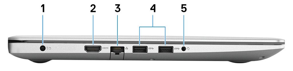 Povezuje bezbednosni kabl kako bi se sprečilo neovlašćeno pomeranje računara. Levo 1 Port adaptera za napajanje Povežite adapter za napajanje da biste obezbedili napajanje za svoj računar.