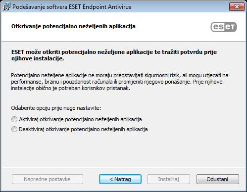Nakon završetka instalacije, od vas će se zatražiti da aktivirate program ESET Endpoint Antivirus. Napredna instalacija (.