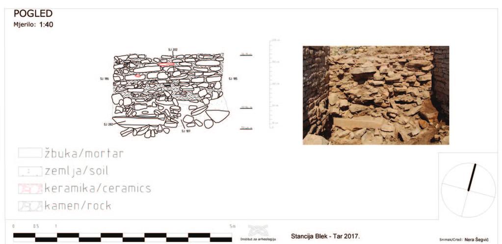 A. Konestra et al., Research of the fortifications, church complex and Late..., Ann. Inst. Archaeol. XIV/2018., p. 115 120 Sl. 2 Fig. 2 Istočni pregradni zid SJ 202 u P4 (izradila: N.