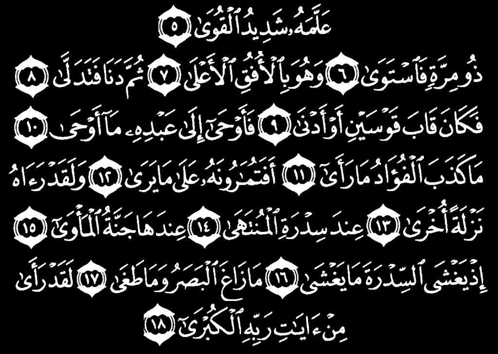 " (Isra, 1) U~i ga jedan ogromne snage, razboriti, koji se pojavio u liku svome, na obzorju najvi{em, zatim se pribli`io, pa nadnio - blizu koliko dva luka ili bli`e - i objavio robu Njegovu ono {to