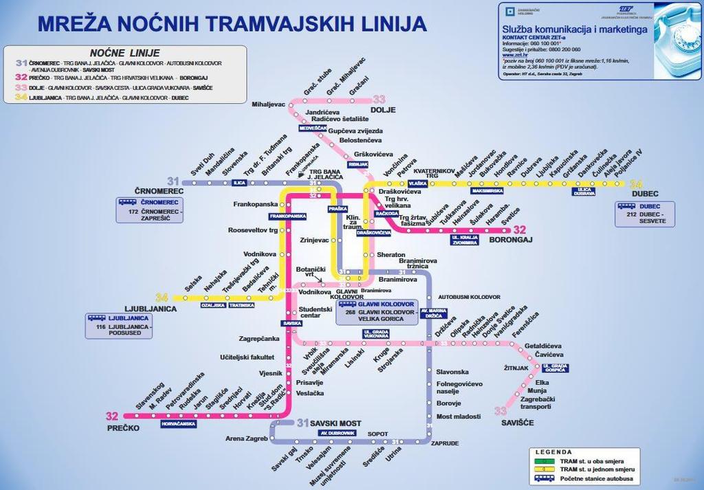 Slika 2.: Mreža tramvajskih linija (noćne) AUTOBUSNI PRIJEVOZ - Autobusni sustav Autobusni prijevoz tijekom 2016.