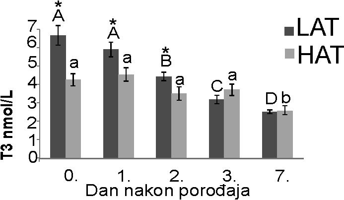 6.5.4. Trijodtironin Na grafikonu 11, u vidu histograma prikazana je koncentracija T 3 u krvi LAT i HAT teladi u ispitivanim danima postnatalnog života teladi. Grafikon 11.
