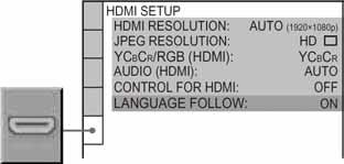 HDMI postavke (HDMI SETUP) "HDMI SETUP" omogućuje podešavanje opcija za HDMI spajanje. Odaberite "HDMI SETUP" u izborniku za podešavanje. Za uporabu izbornika, pogledajte "Izbornik podešenja" (str.
