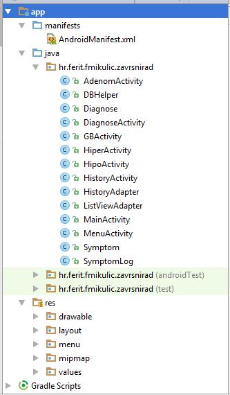 Slika 3.1. Sadržaj projekta u Android Studiu U mapi java nalaze se klase u kojima je pisan kod mobilne aplikacije. Prema slici 3.1. može se vidjeti da su definirane klase DBHelper, Diagnose, Symptom, SympromLog, HistoryAdapter, ListViewAdapter te gotovo sedam Activitya.