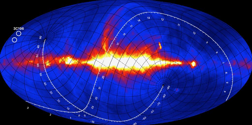 Slika 2: Sinkrotronsko zrac enje nas e galaksije na 408 MHz (Haslam 408 MHz All-Sky Map) s oznac enim poloz ajima polja 3C 196 i polja AE kojeg prouc avamo u ovom radu.