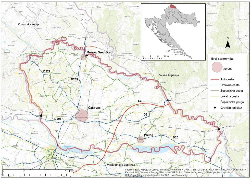 Sl.3. Geografski položaj i prometna mreža Međimurske županije Izvor: Izrada autora prema Stanovništvo prema starosti i spolu po naseljima, Popis 2011., Državni zavod za statistiku.