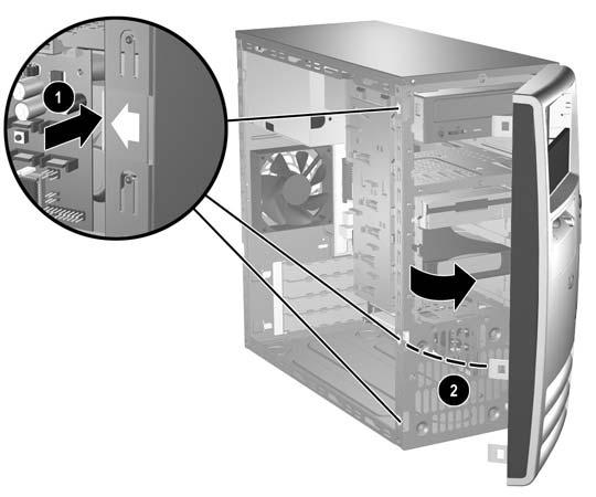 Uklanjanje prednje maske 1. Uklonite/isključite sve sigurnosne uređaje koji sprečavaju otvaranje računara. 2. Uklonite sve prenosive medijume, kao što su diskete ili kompakt diskovi, iz računara. 3.