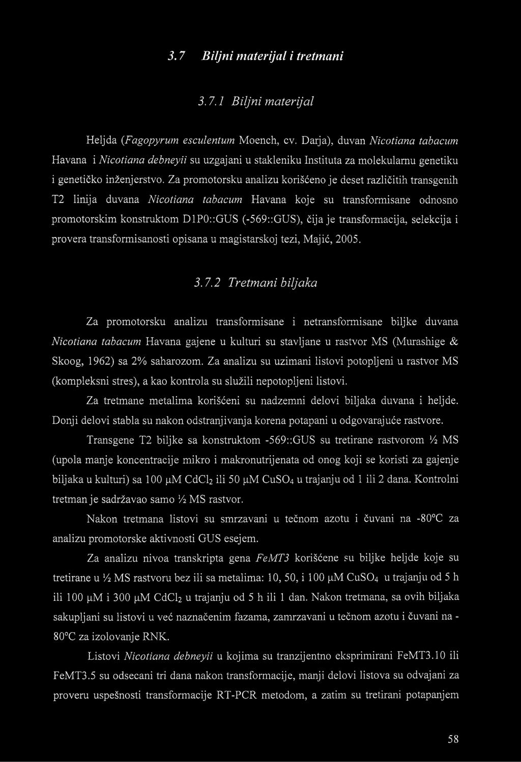 Za promotorsku analizu korišćeno je deset različitih transgenih T2 linija duvana Nicotiana tabacum Havana koje su transformisane odnosno promotorskim konstruktom D1P0::GUS (-569::GUS), čija je