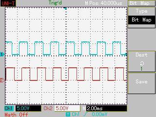 a) Izračunajte brzinu vrtnje. Slika 3: Primjer izlaznih signala enkodera snimljenih osciloskopom. 2.