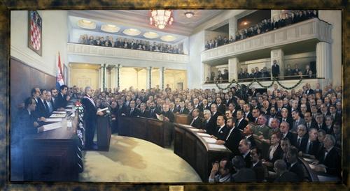Proglašenje Ustava 22. prosinca 1990. godine Dvorana Ante Starčević Slika prikazuje najsvečaniji trenutak svečane sjednice dana 22. prosinca 1990. godine, kada je Sabor jednoglasno prihvatio tekst Ustava samostalne i neovisne Hrvatske.