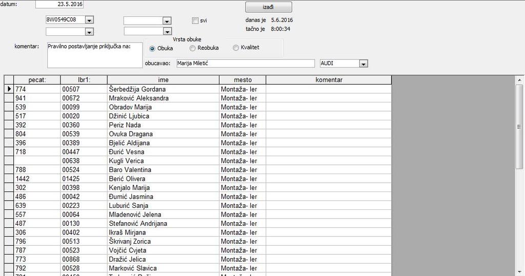 Obuke zaposlenih Na slici 6.31 može se videti ekranska forma za unos obavljenih obuka zaposlenih, po jednom proizvodu, projektu ili uopštene obuke.