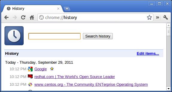 Komande za Chrome Namena Snimak ekrana chrome://history Ova komanda je takođe dostupna preko opcije Menu (Meni) > History (Istorija). Tasterska prečica je Ctrl+H.