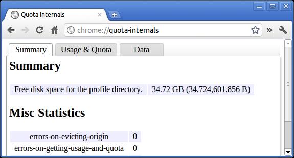 Komande za Chrome Namena Snimak ekrana chrome://quota-internals Ova funkcija pruža informacije o