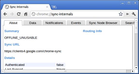 Komande za Chrome Namena Snimak ekrana chrome://sync-internals Ova komanda pruža informacije o funkciji sinhronizacije za Chrome, uključujući URL sinhronizaciju koju koristi Google i statistiku za