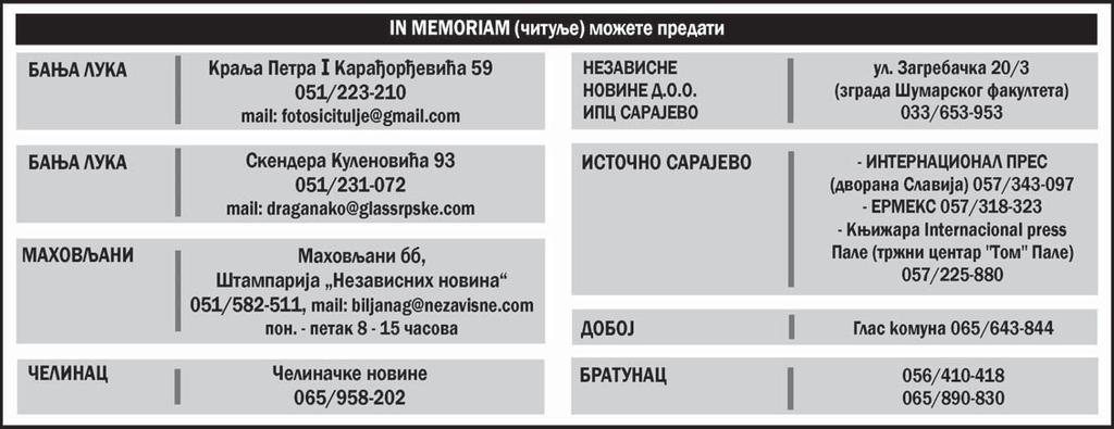 O`alo{}eni: supruga Velka, k}erka Sandra, zet Goran, unuke Lara i Ivona, bra}a Mom~ilo, Milan i Bo{ko sa porodicama, sestra Rada sa porodicom, te ostala rodbina, kom{ije i prijateqi 50289 B-2 G