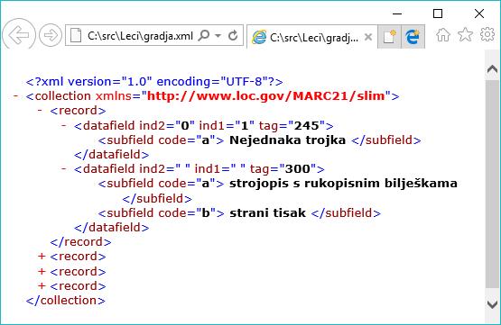 Pohrana podataka iz CSV formata u XML format Awkova skripta BEGIN { FS = "; } print "<?xml version=\"1.0\" encoding=\"utf-8\"?>" print "<collection xmlns=\"http://www.loc.