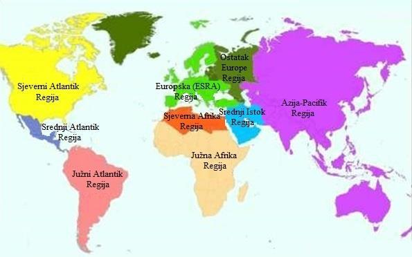 Slika 13: Shematski prikaz devet svjetskih ICAO prometnih regija korištenih u svrhu prometne statistike, prognoze i analize [8] (prilagodio autor).