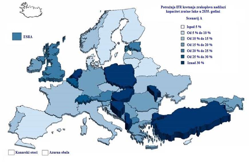 Slika 21: Potražnja IFR kretanja zrakoplova (ne uključuje prelete) koja nadilazi kapacitet zračnih luka u 2035. godini prema scenariju A [36] (prilagodio autor). 3.3.3.2.2 Mreža zračnih luka i zračnih prijevoznika Različite zračne luke igraju različitu ulogu u europskoj ATM mreži, od kojih se neke usmjeravaju na ciljane grupe potrošača (npr.