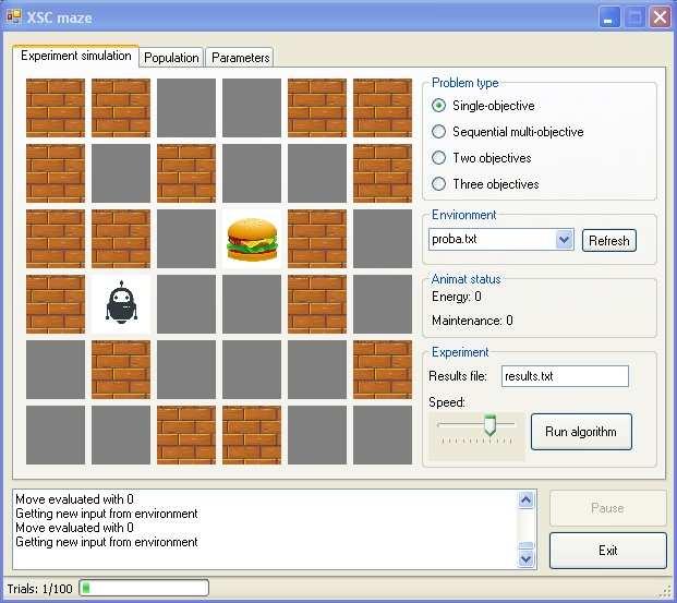 Kartica sa prikazom simulacije sadrži grafički prikaz labirinta, odabir vrste problema, odabir labirinta, kontrolu za odreñivanje brzine simulacije, prikaz statusa animata te gumb za pokretanje