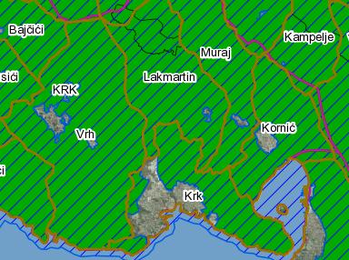 Slika 1-35 - Područja ekološke mreže Natura 2000 na širem području naselja Krk, Vrh, Lakmartin, Muraj i Kornić - područja očuvanja značajna za vrste i