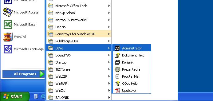 4. Pokretanje aplikacije Program QDoc radi u Windows XP/7 okruţenju (Kor-isnička aplikacija ima verziju i za rad u Windows 95 okruţenju). 4.