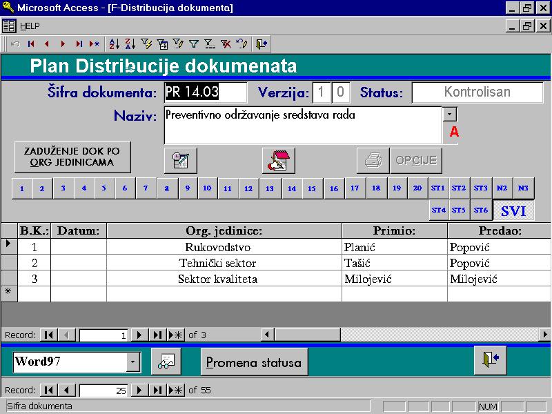 6.6 Distribucija dokumenata Dugmetom Distribucija dokumenata na meniju "Upravljanje dokumentacijom" omogućena je evidencija distribucije dokumenata preko maske prikazane na slici 7.8. Slika 7.